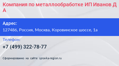 Компания по металлообработке ИП Иванов Д А  - визитка