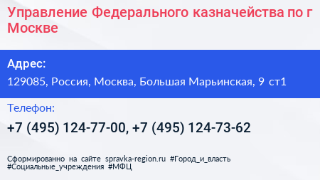 Управление Федерального казначейства по г Москве - визитка