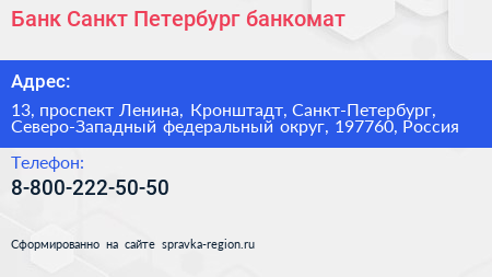 Банк Санкт Петербург банкомат - визитка