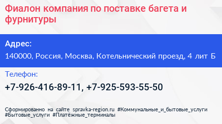 Фиалон компания по поставке багета и фурнитуры - визитка