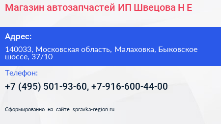 Магазин автозапчастей ИП Швецова Н Е  - визитка