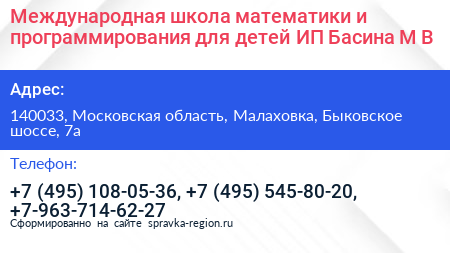 Международная школа математики и программирования для детей ИП Басина М В  - визитка