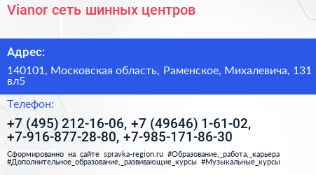 Vianor сеть шинных центров - визитка