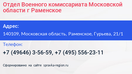 Отдел Военного комиссариата Московской области г Раменское - визитка