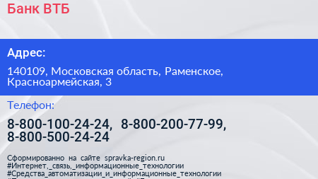 Банк ВТБ - визитка