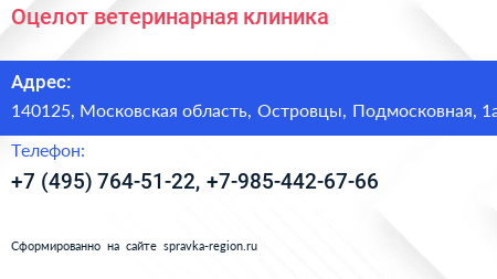 Оцелот ветеринарная клиника - визитка