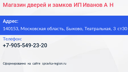 Магазин дверей и замков ИП Иванов А Н  - визитка