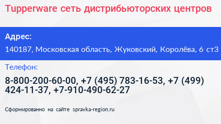 Tupperware сеть дистрибьюторских центров - визитка