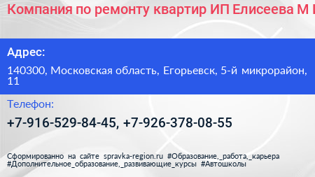 Компания по ремонту квартир ИП Елисеева М И  - визитка