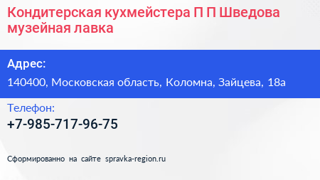 Кондитерская кухмейстера П П Шведова музейная лавка - визитка