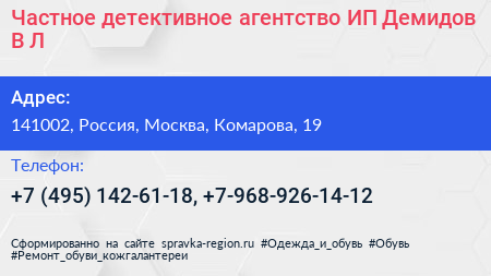 Частное детективное агентство ИП Демидов В Л  - визитка