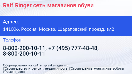 Ralf Ringer сеть магазинов обуви - визитка