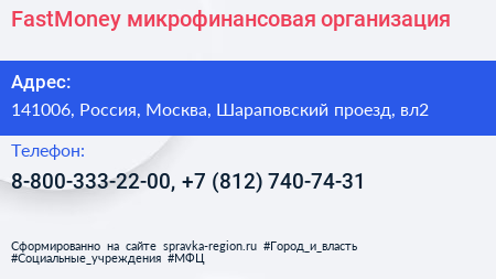 FastMoney микрофинансовая организация - визитка