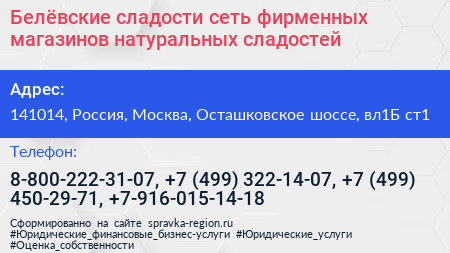 Белёвские сладости сеть фирменных магазинов натуральных сладостей - визитка