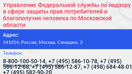 Управление Федеральной службы по надзору в сфере защиты прав потребителей и благополучия человека по Московской области - визитка