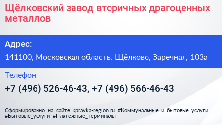 Щёлковский завод вторичных драгоценных металлов - визитка