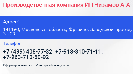 Производственная компания ИП Низамов А А  - визитка