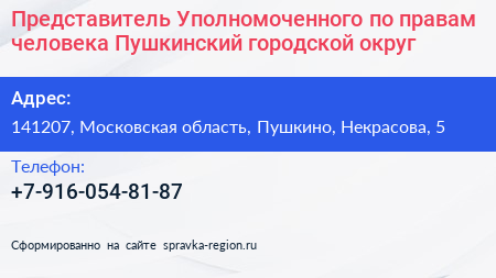 Представитель Уполномоченного по правам человека Пушкинский городской округ - визитка