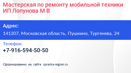 Мастерская по ремонту мобильной техники ИП Лопунова М В  - визитка