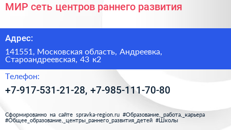 МИР сеть центров раннего развития - визитка