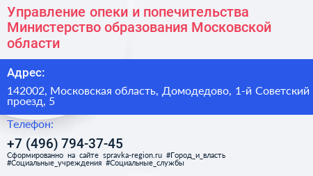 Управление опеки и попечительства Министерство образования Московской области - визитка