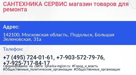 САНТЕХНИКА СЕРВИС магазин товаров для ремонта - визитка