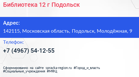 Библиотека 12 г Подольск - визитка