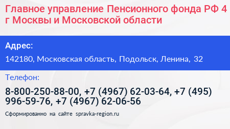 Главное управление Пенсионного фонда РФ 4 г Москвы и Московской области - визитка