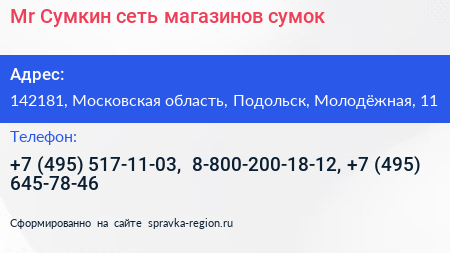 Mr Сумкин сеть магазинов сумок - визитка