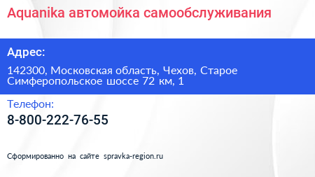 Aquanika автомойка самообслуживания - визитка
