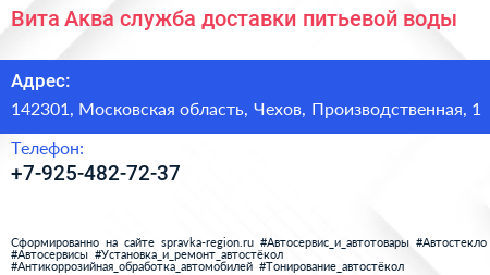 Вита Аква служба доставки питьевой воды - визитка