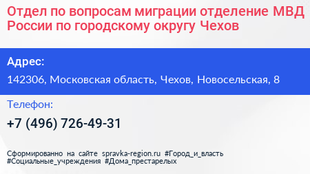 Отдел по вопросам миграции отделение МВД России по городскому округу Чехов - визитка