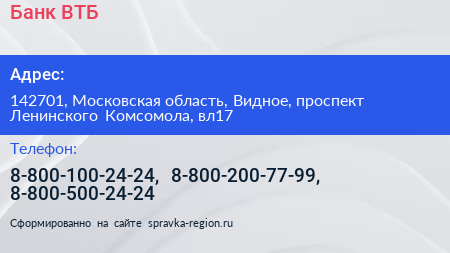 Банк ВТБ - визитка