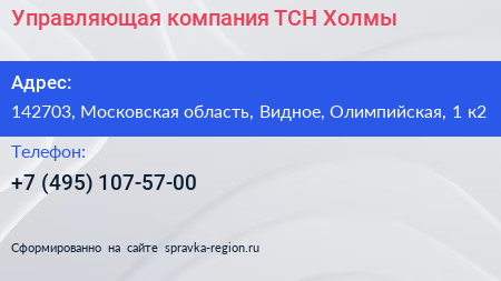 Управляющая компания ТСН Холмы - визитка
