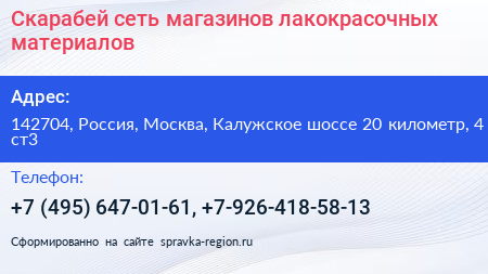 Скарабей сеть магазинов лакокрасочных материалов - визитка
