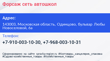 Форсаж сеть автошкол - визитка