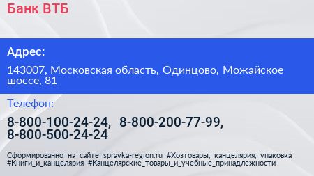 Банк ВТБ - визитка