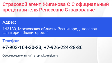Страховой агент Жиганова С С официальный представитель Ренессанс Страхование - визитка
