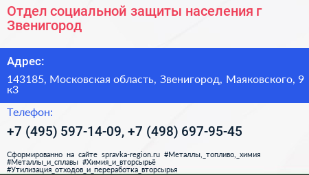 Отдел социальной защиты населения г Звенигород - визитка
