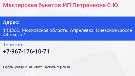Мастерская букетов ИП Петрачкова С Ю  - визитка