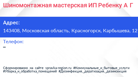 Шиномонтажная мастерская ИП Ребенку А Г  - визитка