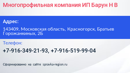 Многопрофильная компания ИП Барун Н В  - визитка