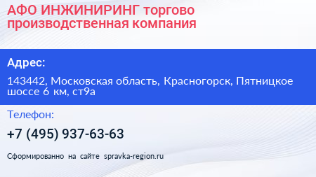 АФО ИНЖИНИРИНГ торгово производственная компания - визитка