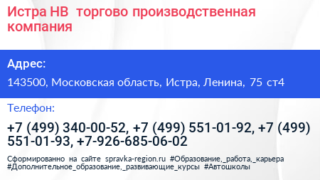 Истра НВ+ торгово производственная компания - визитка