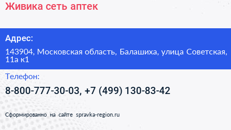 Живика сеть аптек - визитка