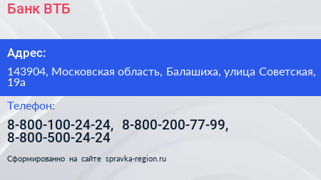 Банк ВТБ - визитка