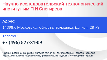 Научно исследовательский технологический институт им П И Снегирева - визитка