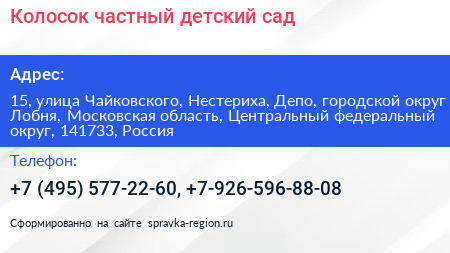 Колосок частный детский сад - визитка