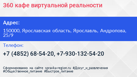 360 кафе виртуальной реальности - визитка