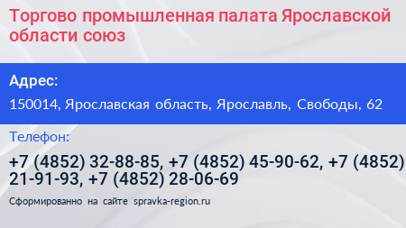 Торгово промышленная палата Ярославской области союз - визитка